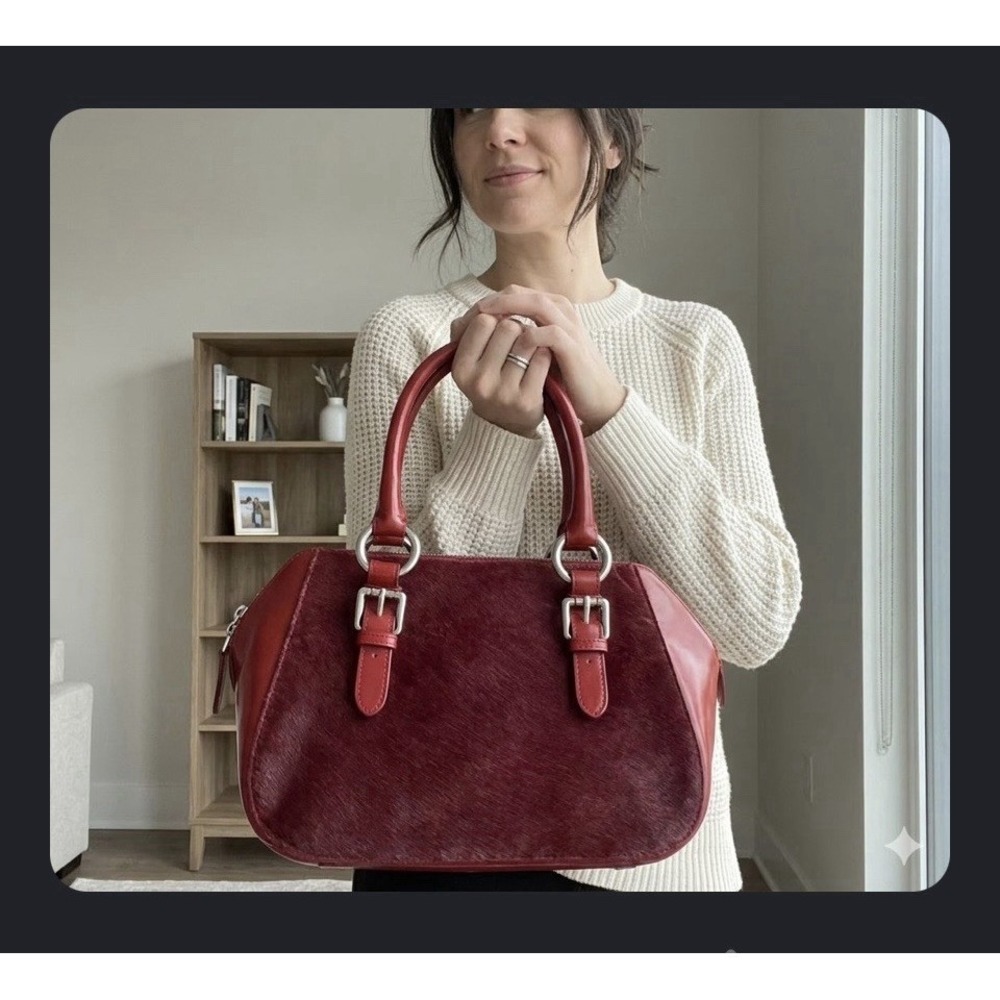 Claudia Firenze Maroon Genuine Leather & Pony Hair Top Handle Satchel Bag Italy